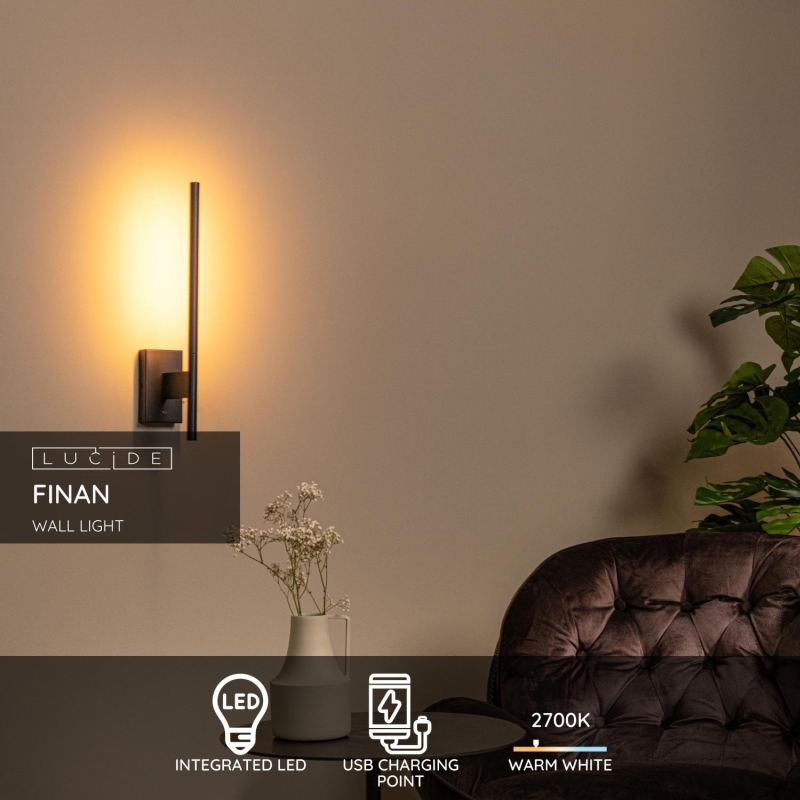 Lucide FINAN - Nástenné svietidlo - LED - 1x6W 2700K - S USB nabíjacím bodom - Čierna